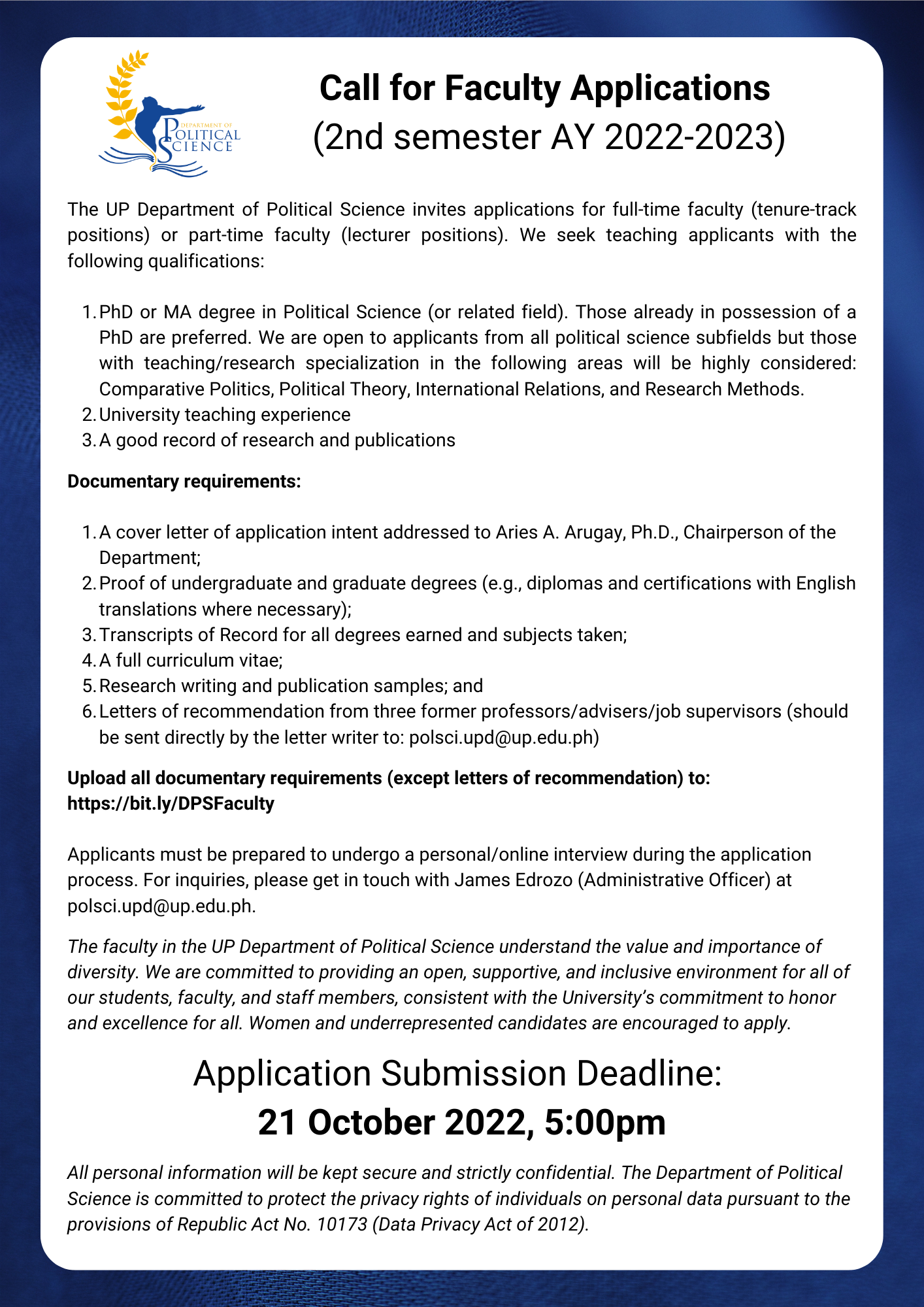 Call For Faculty Applications Second Semester 2022 2023 Department   Department Of Political Science Call For Faculty Applications 2nd Semester AY 2022 2023 3 